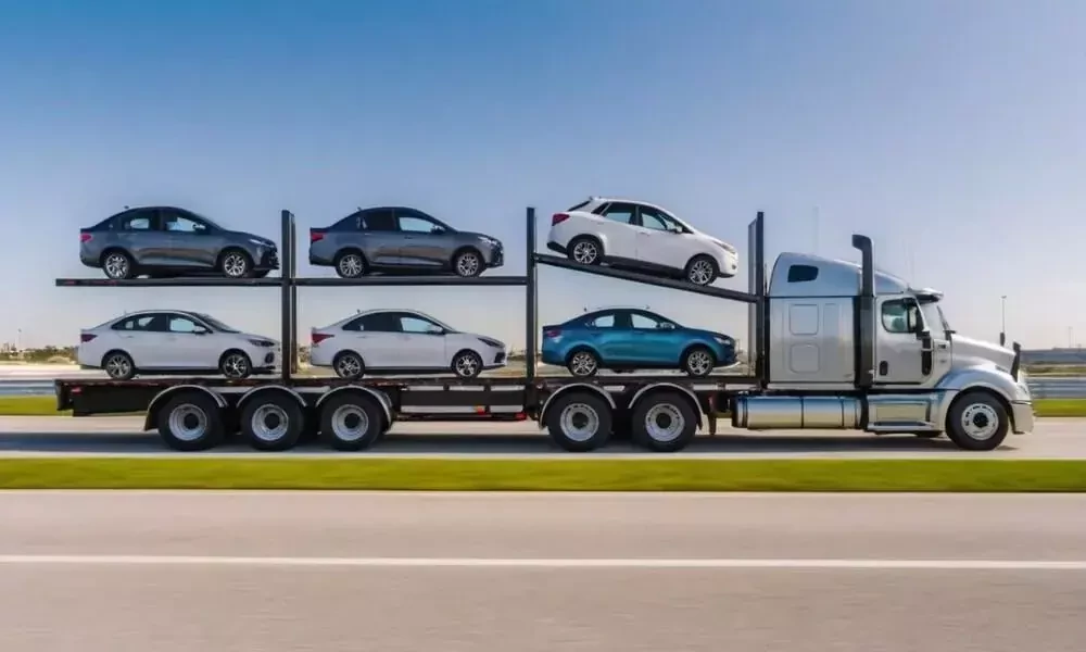 Open car carrier transporting vehicles